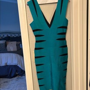 Herve Leger Turquoise and Black Bandage Midi Dress